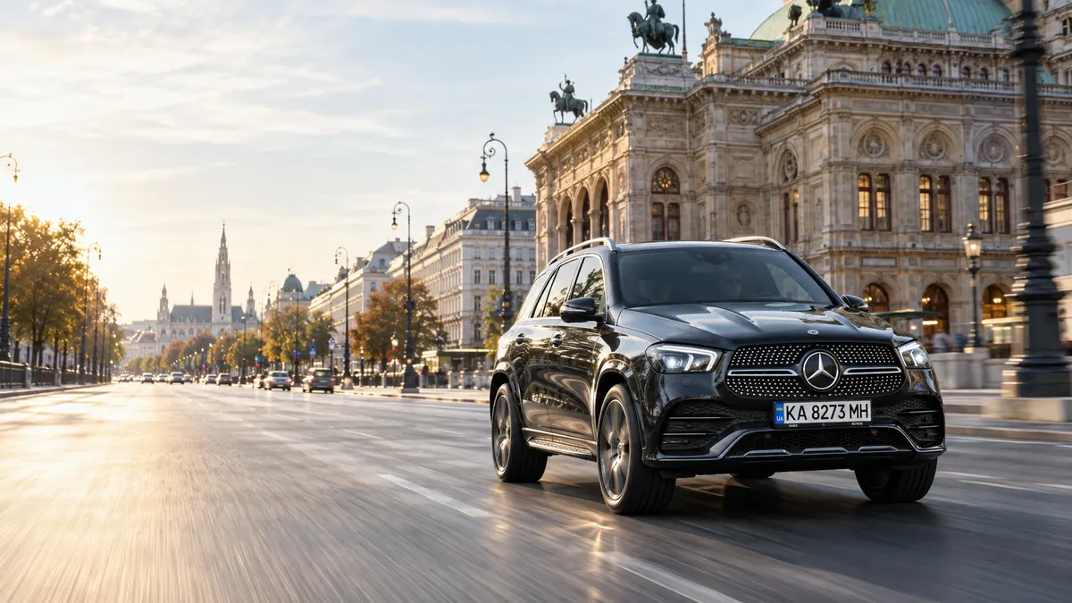 Mercedes GLE with Ukrainian plates in Vienna — AI illustration