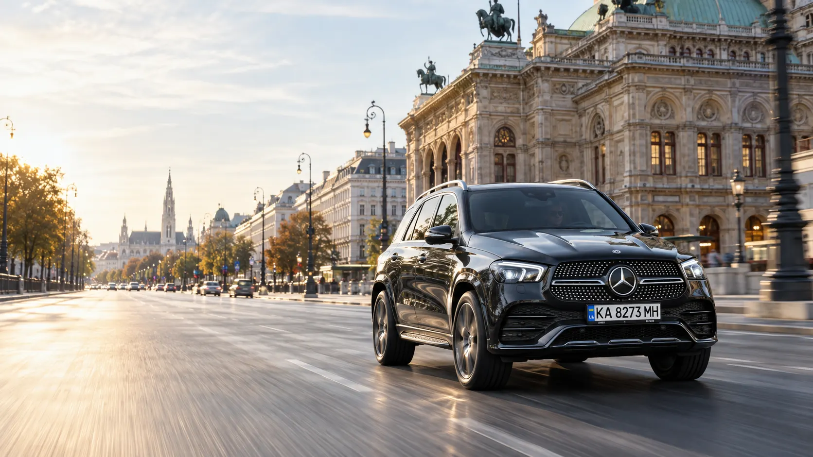 Mercedes GLE with Ukrainian plates driving through Vienna — AI illustration